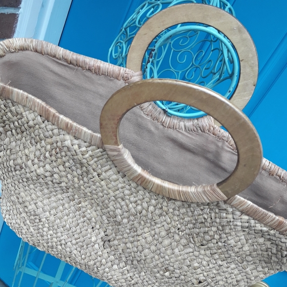 Wicker Bag Woven Purse Wooden Handles Beaded - Picture 9 of 10